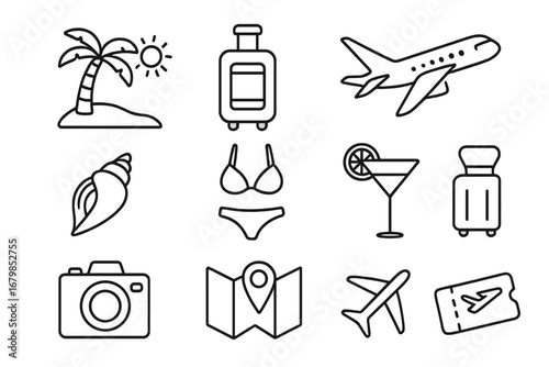 Vacation and Travel Outline Icon Set with Beach, Relaxation, Holiday, Travel Essentials, Airplane, Luggage, Bikini, Cocktail, Camera, Map, Shell, and Ticket Symbols Vector Illustration