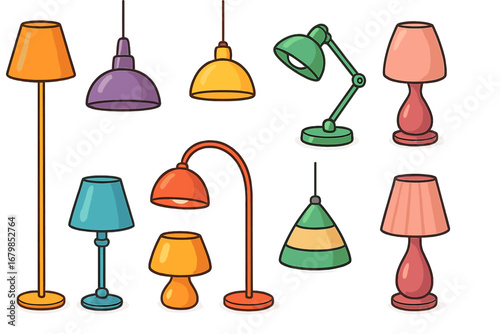 Variety of Colorful Lamps with Unique Designs and Shapes in Bright Interior Setting, Vector Cartoon Illustration with Transparent Background, Home and Office Lighting Decoration
