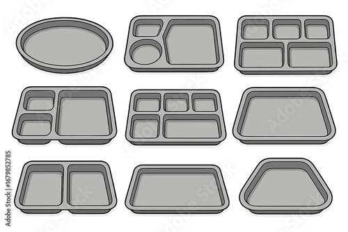 Various Styles of Gray Food Trays Arranged on White Surface for Meal Preparation and Dining Settings, Vector Cartoon Illustration with Multiple Compartment Designs for Cafeteria or Catering Use