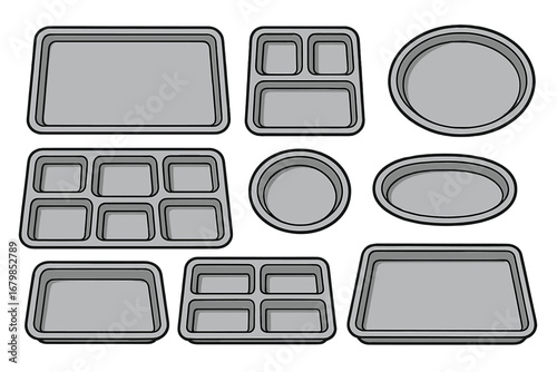 Various Styles of Gray Food Trays Arranged on White Surface for Meal Preparation and Dining Settings, Vector Cartoon Illustration with Transparent Background