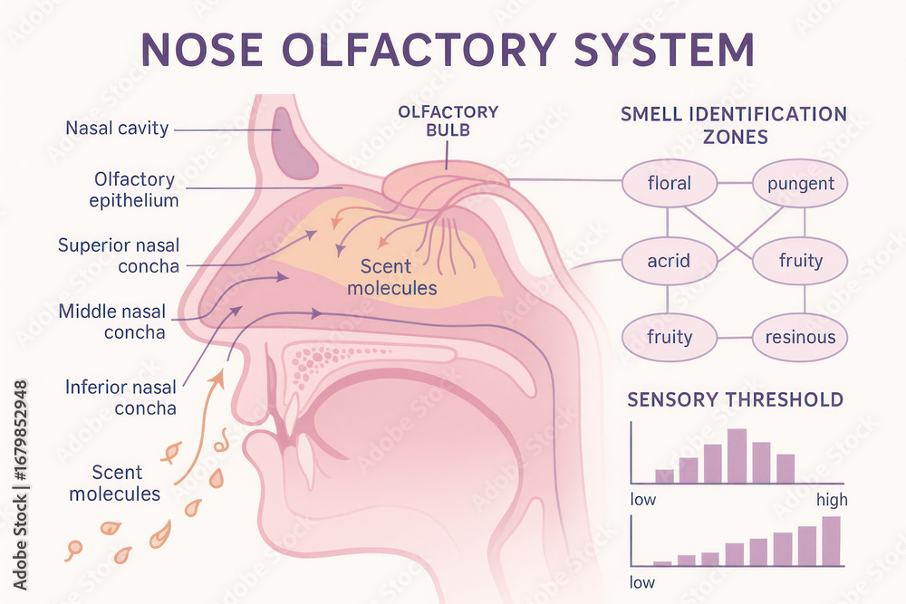 Obraz premium Nose Olfactory System Diagram, Illustration of Human Anatomy, Smell Senses, Scent Molecules [Illustration]