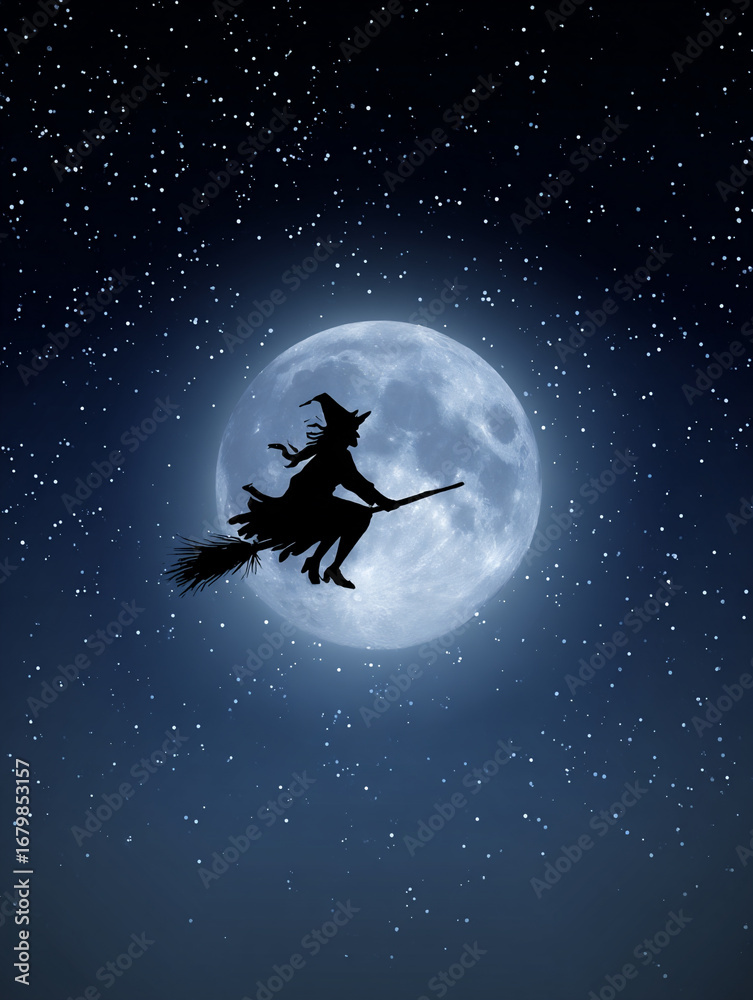 Naklejka premium Night scene with a witch on a broomstick in the sky before a full moon. Highly detailed and spooky image with a cinematic touch