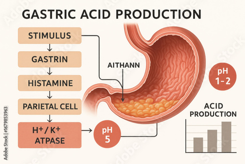 Gastric Acid Production Diagram - Illustration of stomach acid regulation and levels.