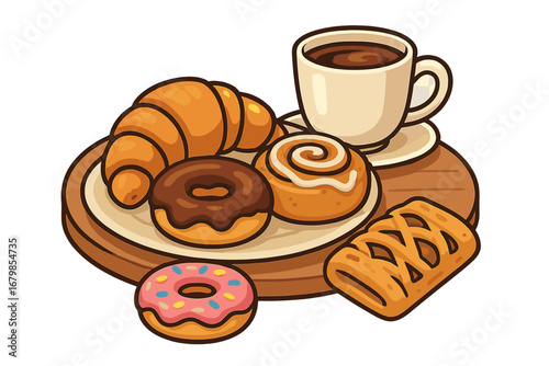 Coffee and pastries vector cartoon illustration. Breakfast scene with donut, croissant, and cinnamon roll. Bakery food for a cozy morning treat. Sweet dessert and snack.