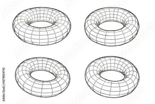 Three-dimensional wireframe torus shape viewed from multiple angles, geometric design concept, vector cartoon illustration, 3D mesh structure, mathematical geometry
