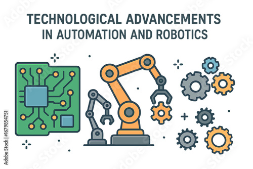 Technological Advancements in Automation and Robotics Featuring Circuit Boards, Robotic Arms, and Gears, Vector Cartoon Illustration, Innovation and Industry Concept