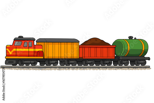 Colorful freight train with locomotives and cargo wagons on railway tracks, cartoon vector illustration with detailed design and vibrant colors, transparent background