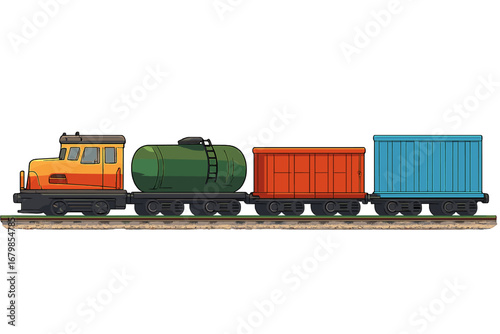 Colorful cartoon vector train with diverse cargo cars on tracks during daylight, detailed design, vibrant colors, transportation, freight, locomotive illustration, transparent background