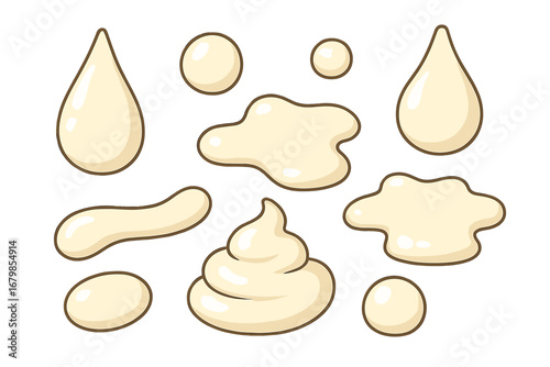 Various Drops of Creamy Liquid in Different Shapes and Sizes, Glossy Fluid Dollops, Smooth Cream and Liquid Splashes on White Background, Vector Cartoon Illustration Set for Beauty and Cosmetic Design