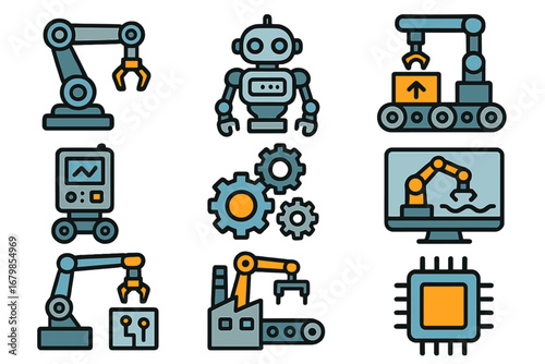 Various robotic and mechanized symbols representing modern industrial automation, robotics, manufacturing technology, machinery, factory processes, vector cartoon illustration