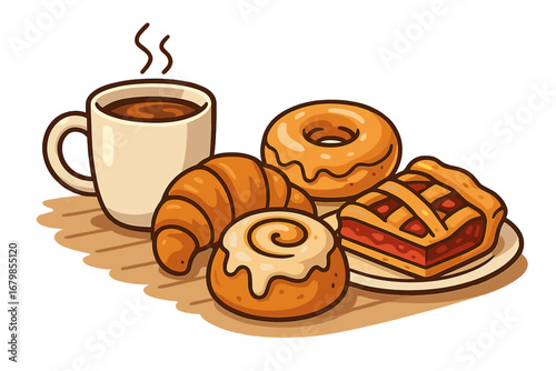 Coffee and pastries vector cartoon illustration. Breakfast scene with a croissant, donut, cinnamon roll, and pie. Cozy morning treat from a bakery or cafe. Sweet food and drink.
