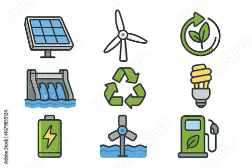 Renewable energy icons illustrating sustainable power sources and eco-friendly technologies for a greener future, vector cartoon set with transparent background