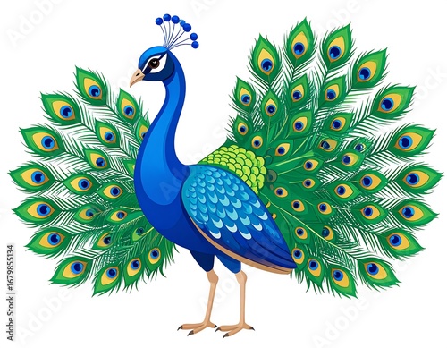 Vibrant peacock illustration against a white backdrop