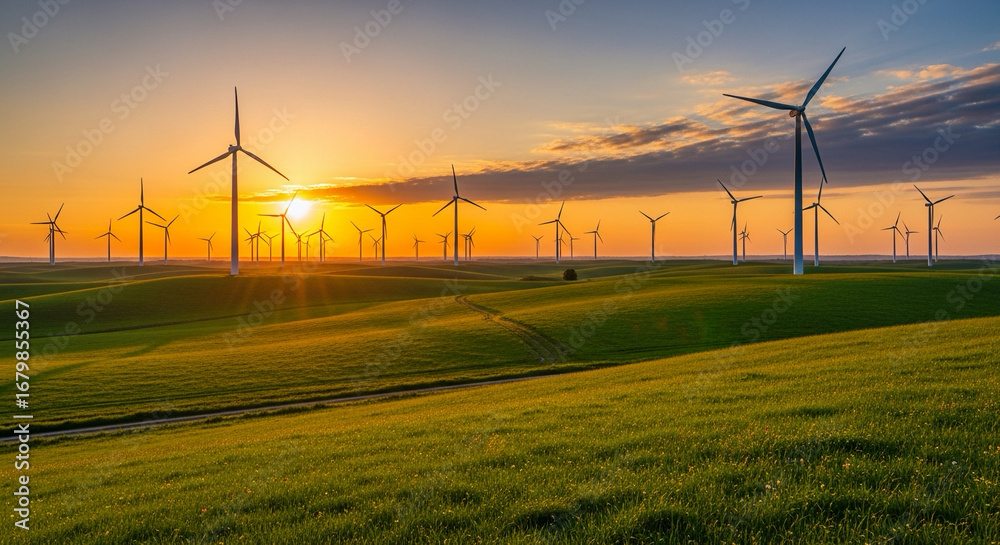 Obraz premium Wind turbine farm at sunset with green grass fields.