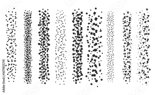 Ink scatter brush, stipple drawing and texturing. Fading gradient. Stippling, dotwork drawing, shading using dots. Halftone disintegration effect. White noise grainy texture. Vector illustration