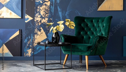 Luxurious Emerald Green Velvet Armchair with Modern Side Table and Abstract Art.