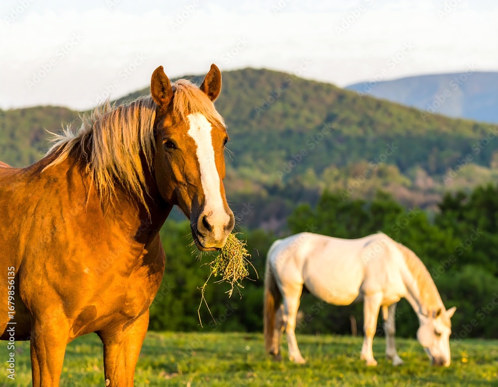 Obraz premium Two horses grazing in a pasture at sunset