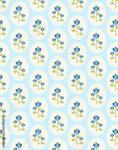 Cute small flower and leaves simple vintage ditsy style of blue and green colors. Seamless pattern for textile, fashion fabric print for girl baby and woman dress, home decor, floral design art