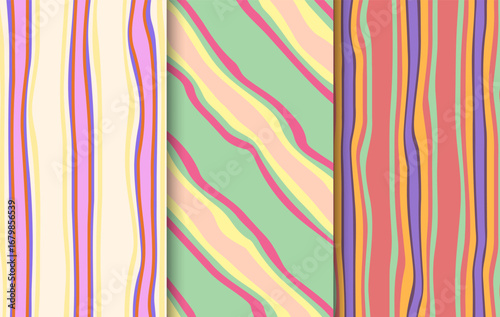 Hand drawn vertical striped pattern. Colored lines on white background. Thin and thick stripes. Irregular lines design. Graphic print fashion trend 2024