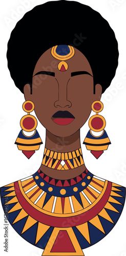 Stylized illustration of a woman with afro and ornate jewelry on transparent background