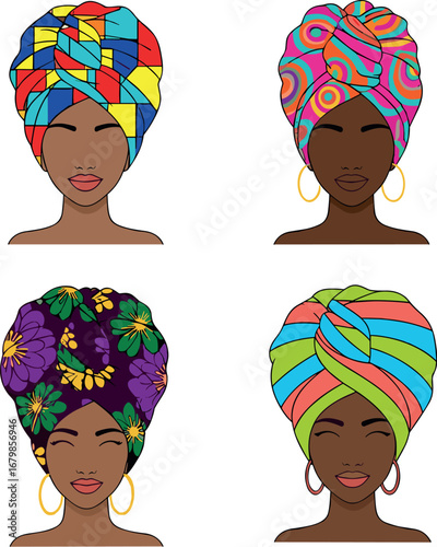 Illustration of four women with colorful headwraps and gold earrings on transparent background