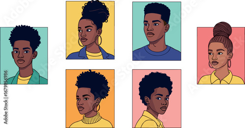 Illustrations of six black individuals with various hairstyles and outfits on transparent background