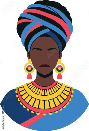 Illustration of woman with headwrap, necklace, and earrings on transparent background