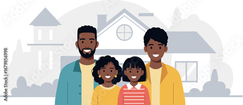 Illustration of a happy black family in front of a house on transparent background