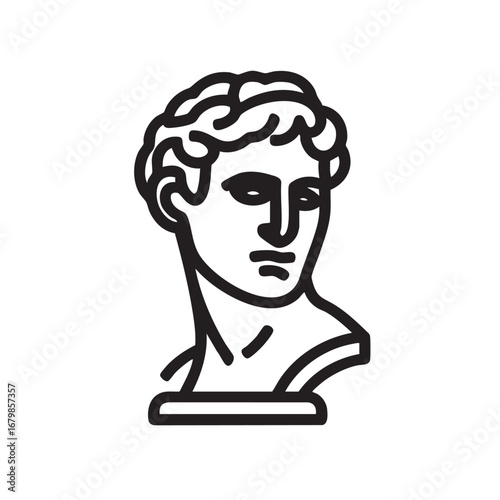 A classical bust of a man with curly hair.
