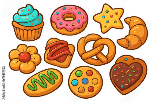 Vector cartoon set of baked goods. Sweet pastry collection with cupcake, donut, cookie, croissant, and pretzel. Cheerful dessert food icons for bakery or cafe menu.
