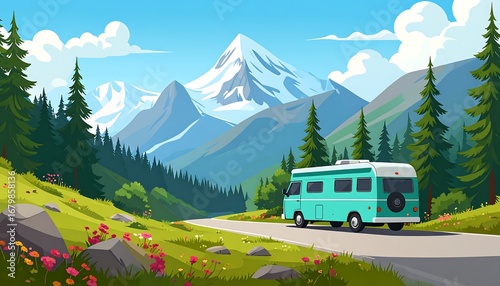 Mountain landscape with camper van