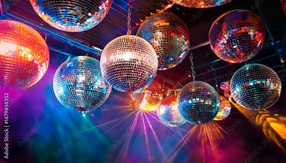 Obraz premium details of a party with disco balls and colorful party lights