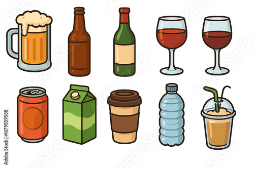 Beverage and drink container collection. Vector icon set of beer mug, wine glass, soda can, coffee cup, water bottle, juice carton. Flat cartoon illustration isolated on white.