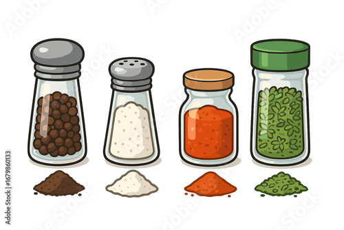 Vector collection of spices and seasonings. Salt and pepper shakers, jar with paprika, container with dried herbs. Kitchen condiments for cooking. Food ingredient set cartoon.