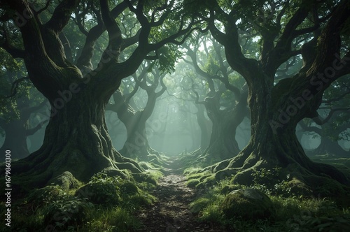 Mystical forest path, sunlit, misty, ancient trees, game background