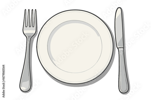 Elegant table setting with a white plate, fork, and knife. Top view of cutlery for dining etiquette. Concept for a restaurant meal, dinner, or lunch. Vector illustration.