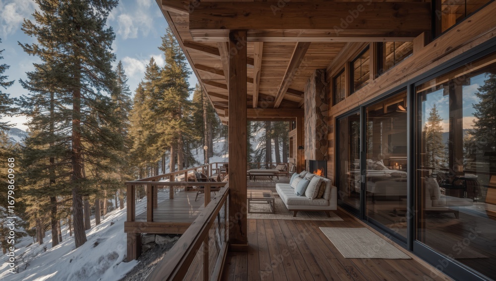 Fototapeta premium Cozy luxury mountain retreat with roaring fireplace and stunning winter forest views
