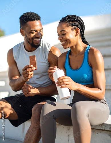 Couple enjoying healthy snack and drink after workout