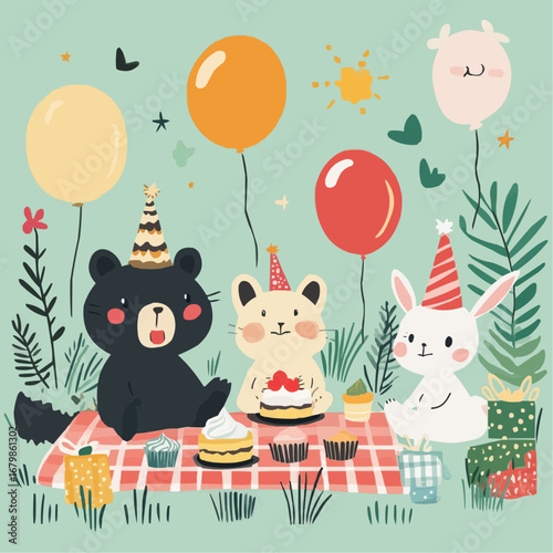 Cheerful poster with bear, rabbit and cat in party hats having birthday picnic on blanket with cake, balloons and gifts, lemon grass palette