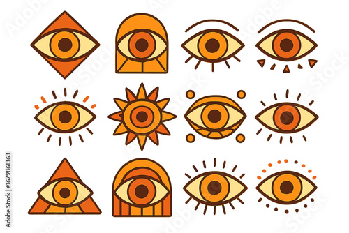 Set of evil eye symbols. All-seeing eye icons in geometric shapes. Modern esoteric and mystical talismans. Spiritual protection amulets. Vector illustration in warm colors.