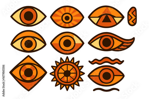 Set of abstract geometric eyes. Mystic esoteric all-seeing eye logo concept. Modern tribal ethnic pattern. Boho style vector illustration for spiritual design elements.