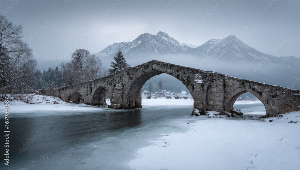 Fototapeta premium Snowy Mountain Winter Bridge Over Frozen Lake