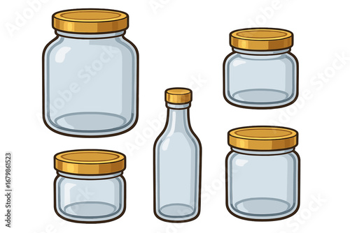 Vector set of empty glass jars and bottle with gold lids. Kitchen containers for storage, food preservation, canning, homemade jam or honey. Pantry organization clip art.