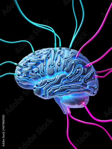 Futuristic digital brain with glowing circuits and colorful wires connecting to the outside world, representing artificial intelligence and neural networks