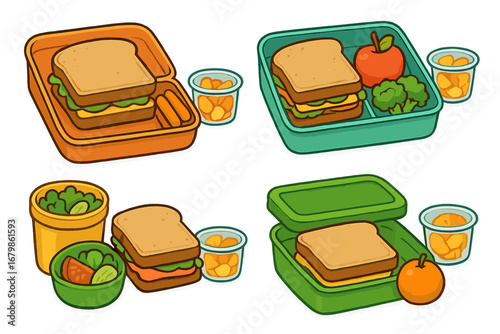 Healthy school lunch box set. Meal prep concept with sandwiches, fresh fruit, and vegetables in reusable bento containers. Vector cartoon illustration for kid's nutrition and diet.