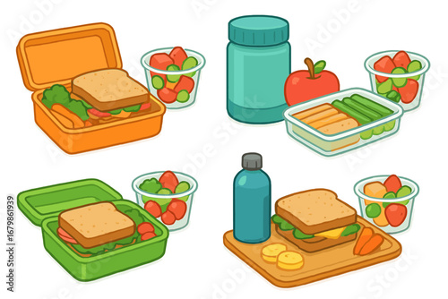 Set of healthy school lunch boxes. Packed meal prep with sandwich, fruit cup, and vegetables in reusable containers. Vector cartoon illustration for nutrition and healthy eating.