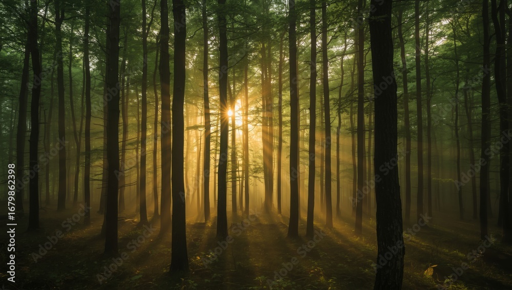 Obraz premium Enchanting forest bathed in golden sunrise light with ethereal sunbeams creating a magical atmosphere