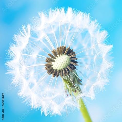 Close-up view of a dandelion seed head against a vibrant light-blue sky, showcasing the intricate details of the fluffy seed-heads and the tiny brown seeds in the center.