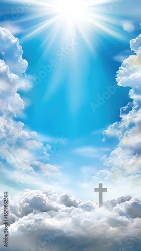 Holy cross standing on clouds in bright sunlit blue sky with rays of light, symbolizing faith and salvation, spiritual event concept.