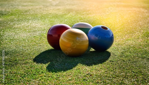 close up of colorfully designed lawn bowls on a green outdoor bowling green in bright sunlight